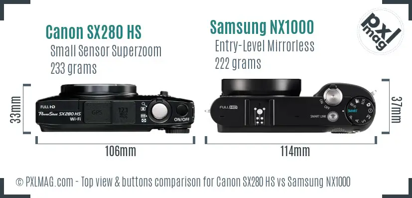 Canon SX280 HS vs Samsung NX1000 top view buttons comparison