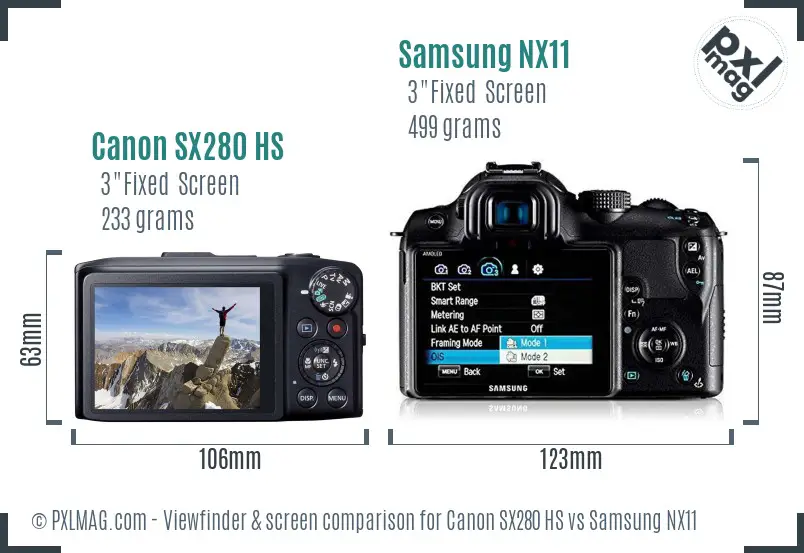 Canon SX280 HS vs Samsung NX11 Screen and Viewfinder comparison