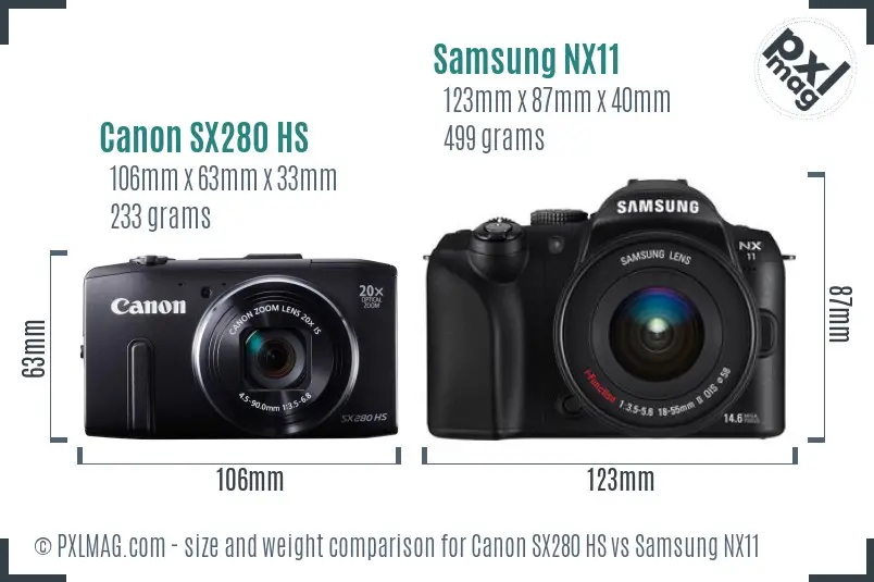 Canon SX280 HS vs Samsung NX11 size comparison