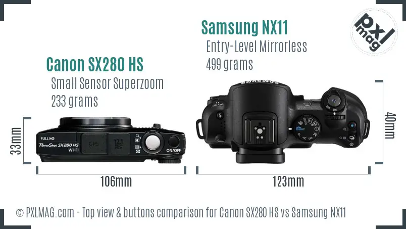 Canon SX280 HS vs Samsung NX11 top view buttons comparison