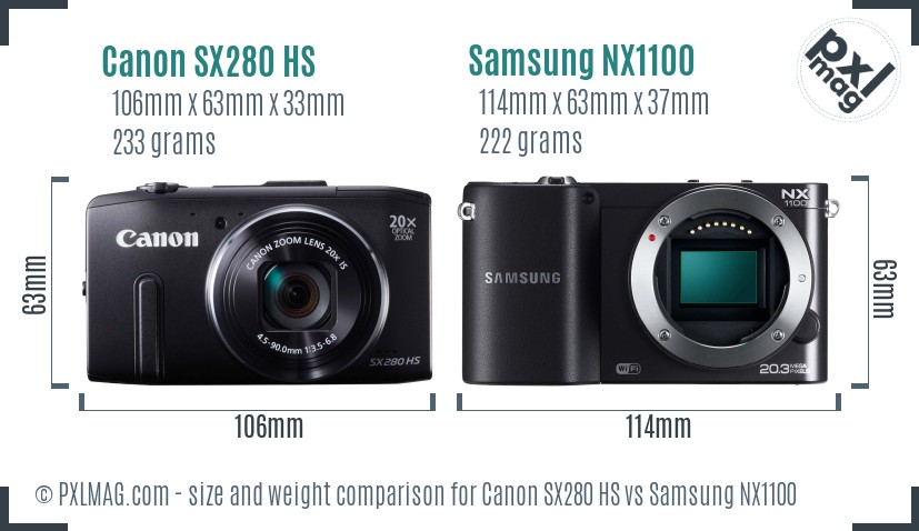 Canon SX280 HS vs Samsung NX1100 size comparison