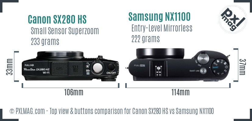 Canon SX280 HS vs Samsung NX1100 top view buttons comparison