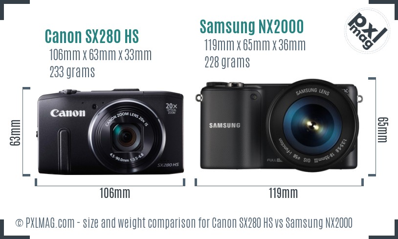 Canon SX280 HS vs Samsung NX2000 size comparison