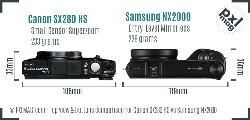 Canon SX280 HS vs Samsung NX2000 top view buttons comparison