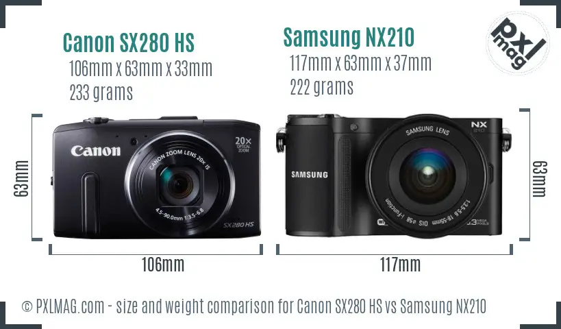 Canon SX280 HS vs Samsung NX210 size comparison