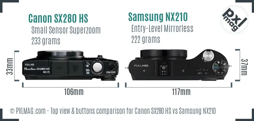 Canon SX280 HS vs Samsung NX210 top view buttons comparison