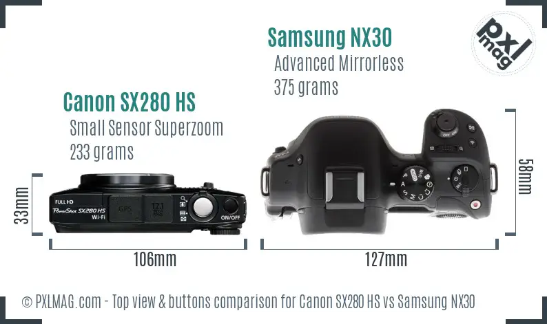 Canon SX280 HS vs Samsung NX30 top view buttons comparison