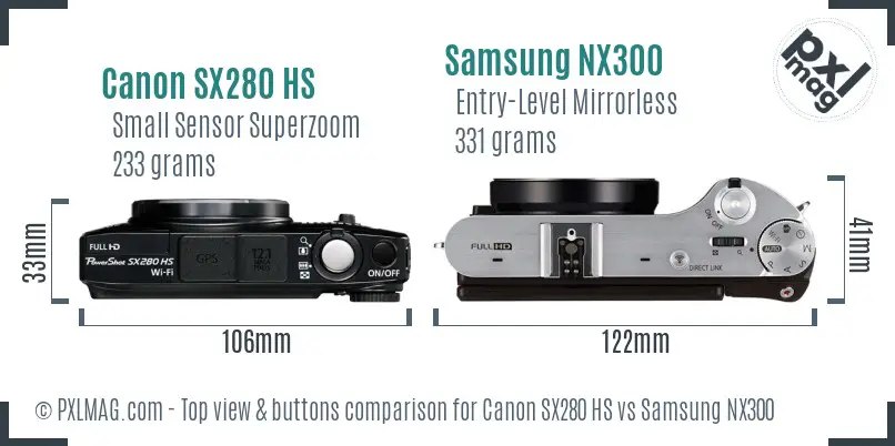 Canon SX280 HS vs Samsung NX300 top view buttons comparison