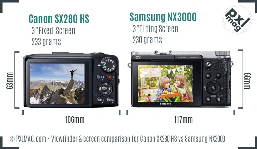 Canon SX280 HS vs Samsung NX3000 Screen and Viewfinder comparison