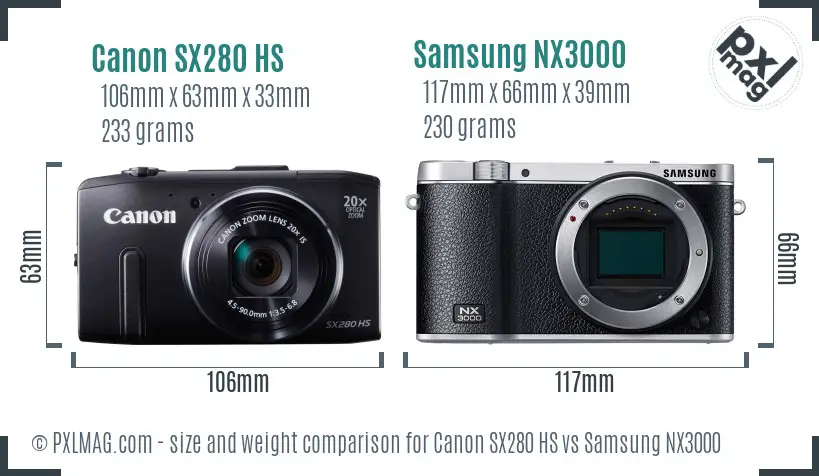 Canon SX280 HS vs Samsung NX3000 size comparison