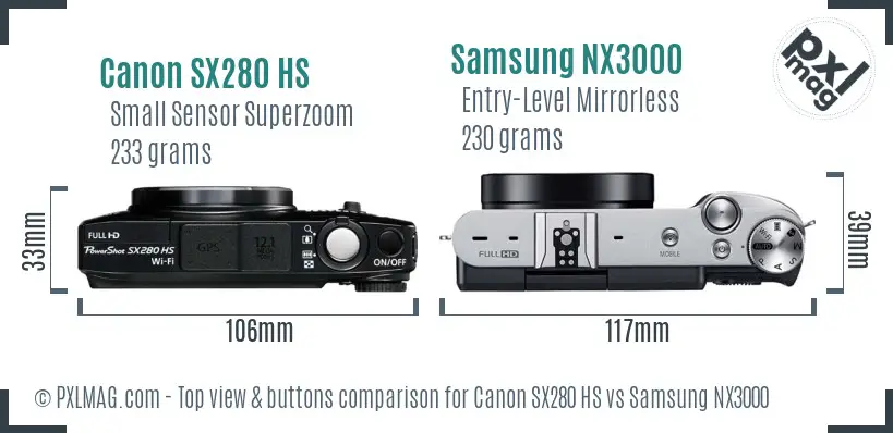 Canon SX280 HS vs Samsung NX3000 top view buttons comparison