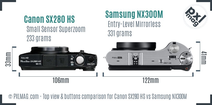 Canon SX280 HS vs Samsung NX300M top view buttons comparison