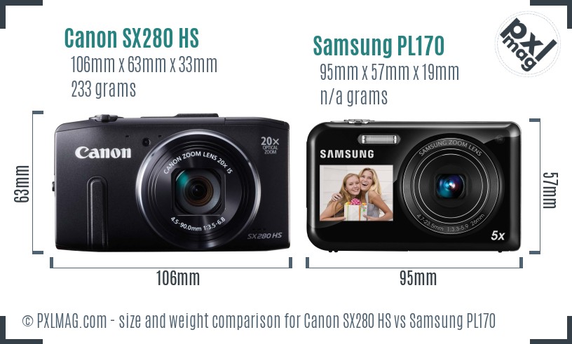 Canon SX280 HS vs Samsung PL170 size comparison