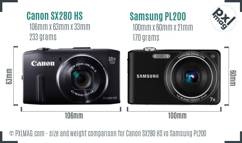 Canon SX280 HS vs Samsung PL200 size comparison
