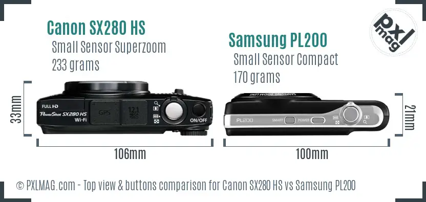 Canon SX280 HS vs Samsung PL200 top view buttons comparison