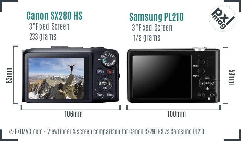 Canon SX280 HS vs Samsung PL210 Screen and Viewfinder comparison