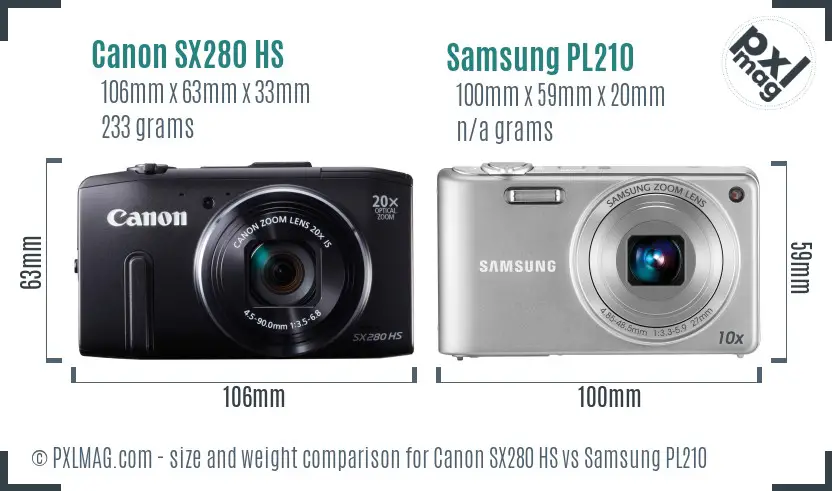 Canon SX280 HS vs Samsung PL210 size comparison