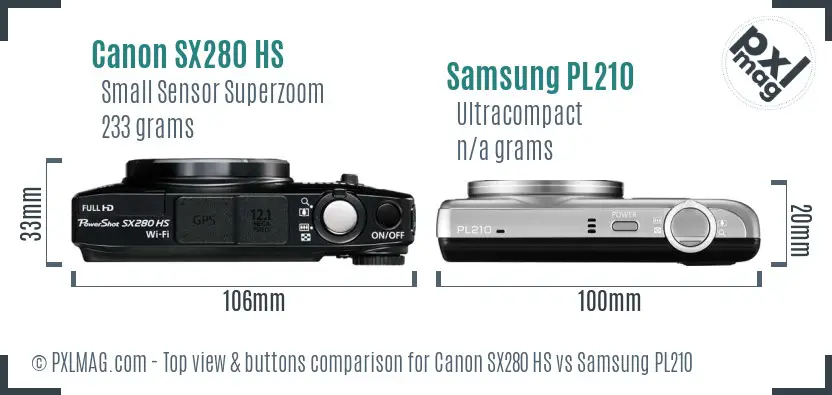 Canon SX280 HS vs Samsung PL210 top view buttons comparison