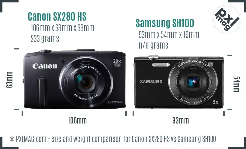 Canon SX280 HS vs Samsung SH100 size comparison