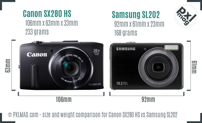 Canon SX280 HS vs Samsung SL202 size comparison