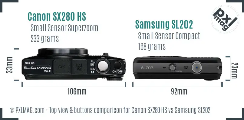 Canon SX280 HS vs Samsung SL202 top view buttons comparison