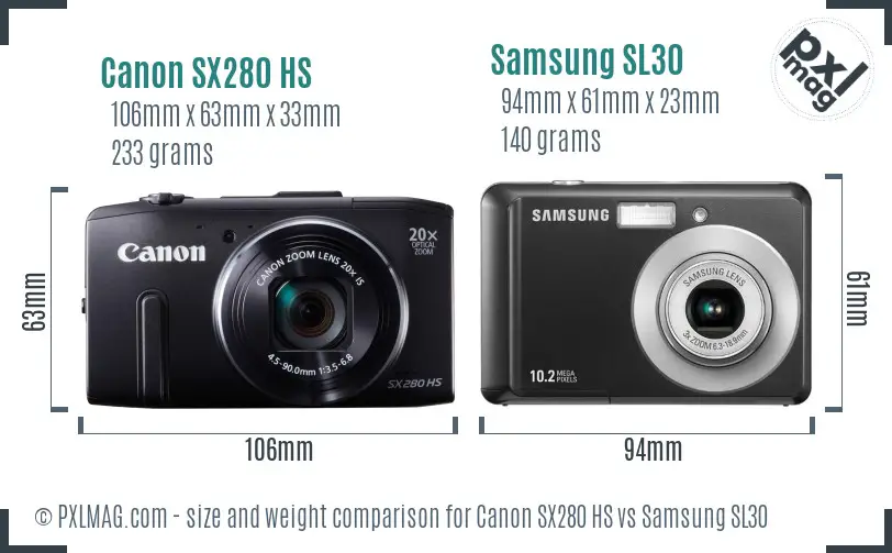 Canon SX280 HS vs Samsung SL30 size comparison