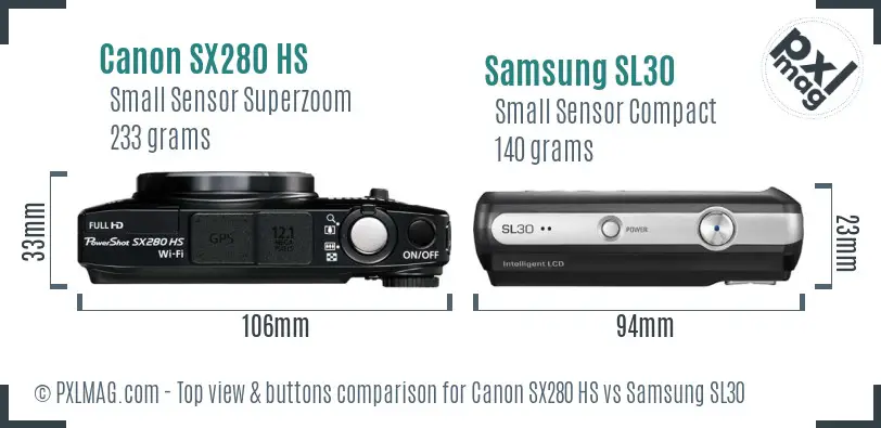 Canon SX280 HS vs Samsung SL30 top view buttons comparison