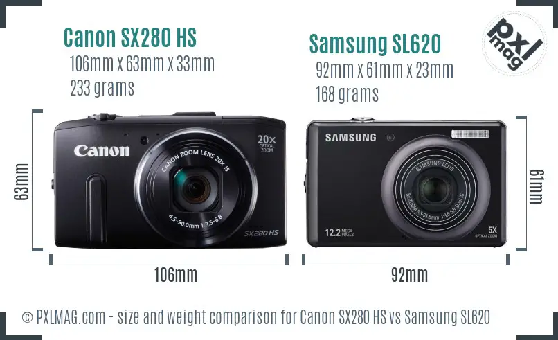 Canon SX280 HS vs Samsung SL620 size comparison