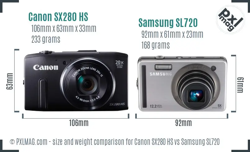 Canon SX280 HS vs Samsung SL720 size comparison