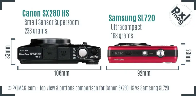 Canon SX280 HS vs Samsung SL720 top view buttons comparison