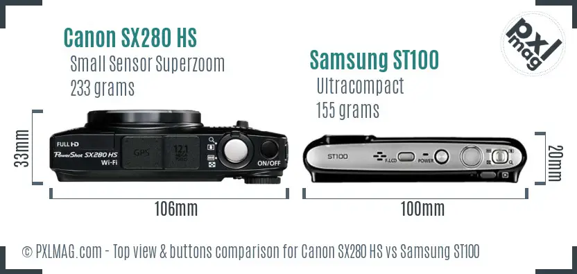 Canon SX280 HS vs Samsung ST100 top view buttons comparison Canon SX280 HS vs Samsung ST100 top view buttons comparison