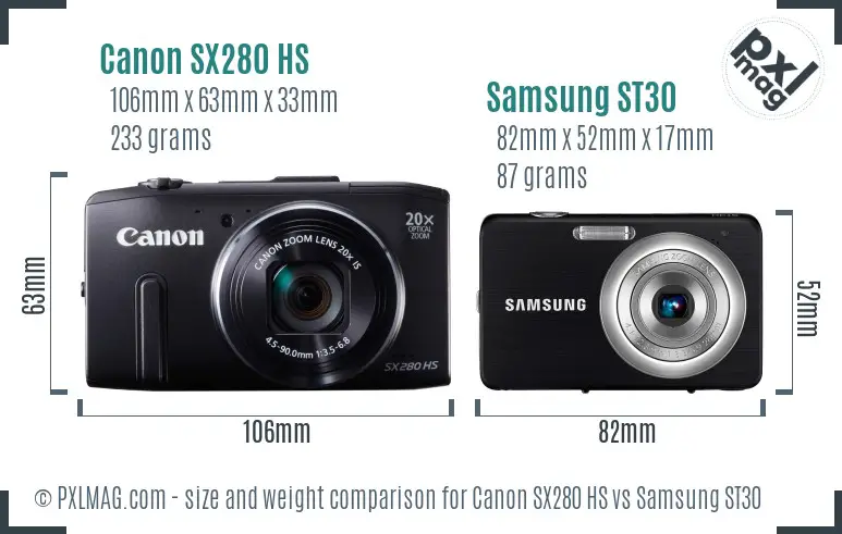 Canon SX280 HS vs Samsung ST30 size comparison