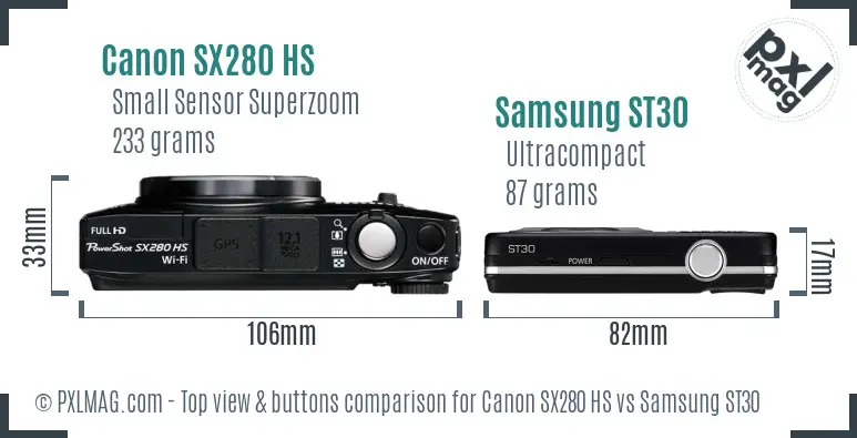 Canon SX280 HS vs Samsung ST30 top view buttons comparison