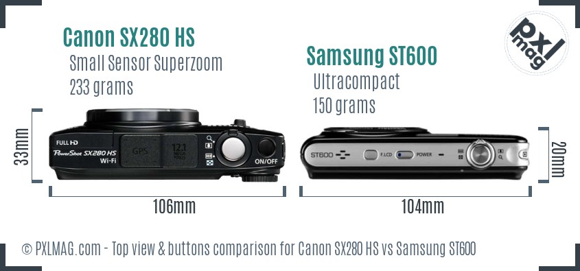 Canon SX280 HS vs Samsung ST600 top view buttons comparison