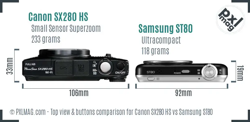 Canon SX280 HS vs Samsung ST80 top view buttons comparison