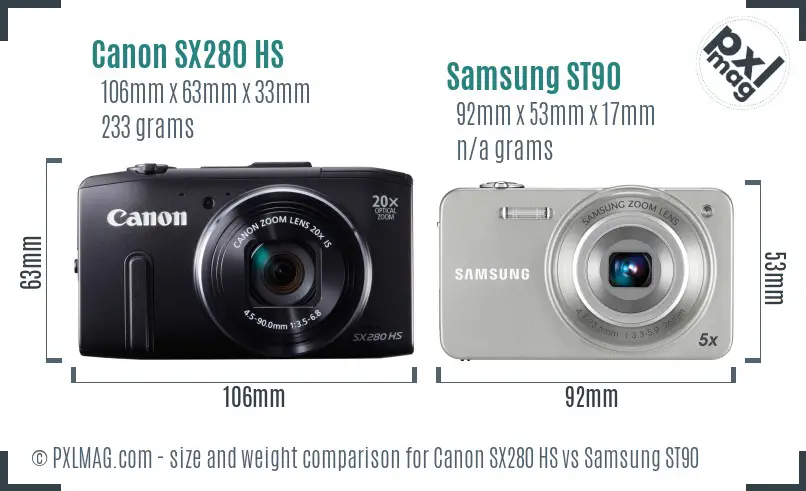 Canon SX280 HS vs Samsung ST90 size comparison