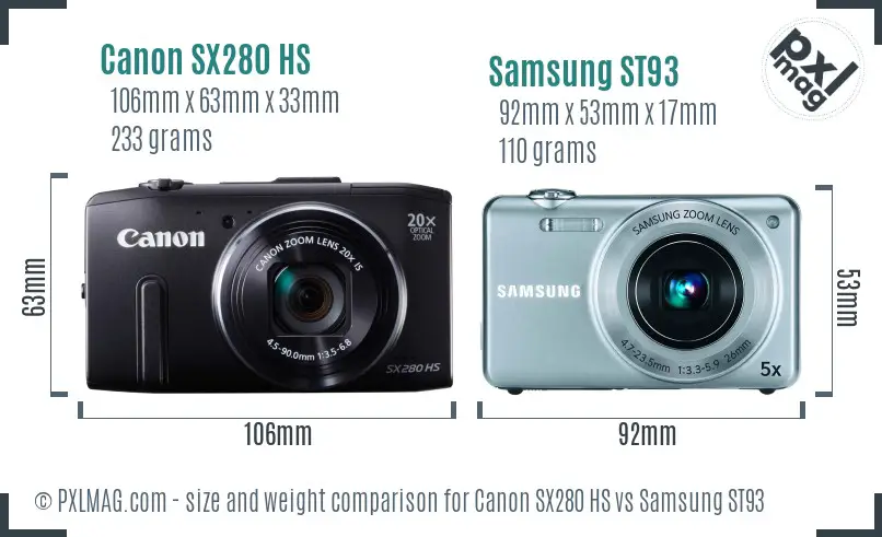 Canon SX280 HS vs Samsung ST93 size comparison