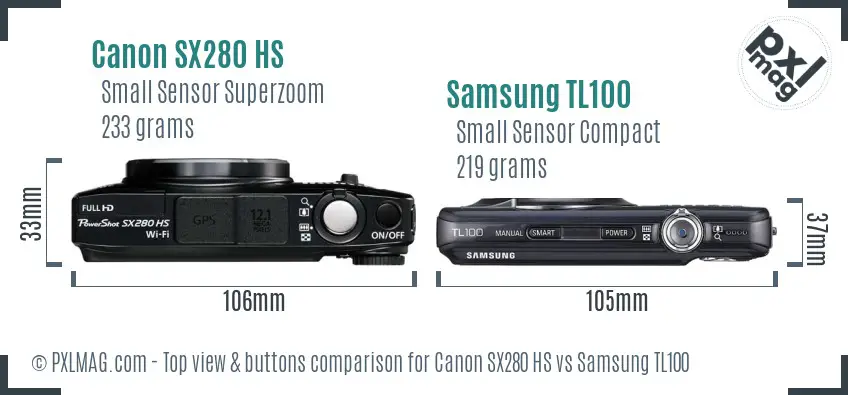 Canon SX280 HS vs Samsung TL100 top view buttons comparison Canon SX280 HS vs Samsung TL100 top view buttons comparison