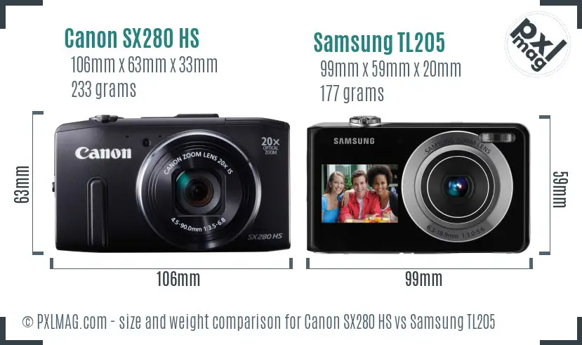 Canon SX280 HS vs Samsung TL205 size comparison