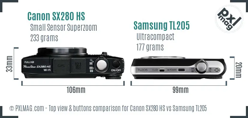 Canon SX280 HS vs Samsung TL205 top view buttons comparison