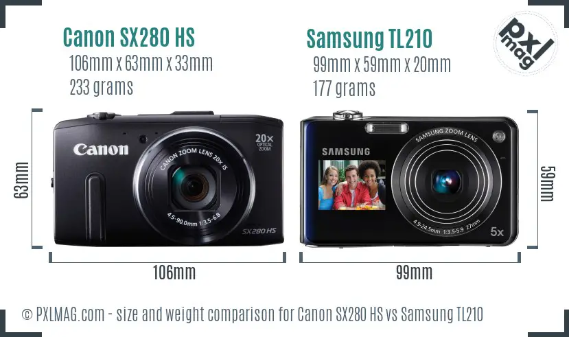Canon SX280 HS vs Samsung TL210 size comparison