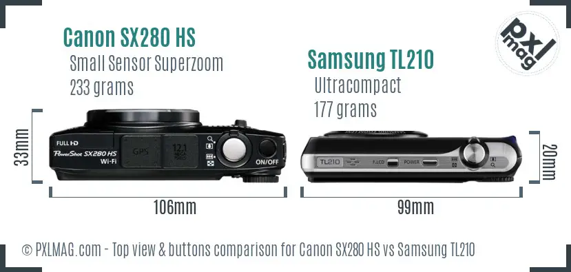 Canon SX280 HS vs Samsung TL210 top view buttons comparison