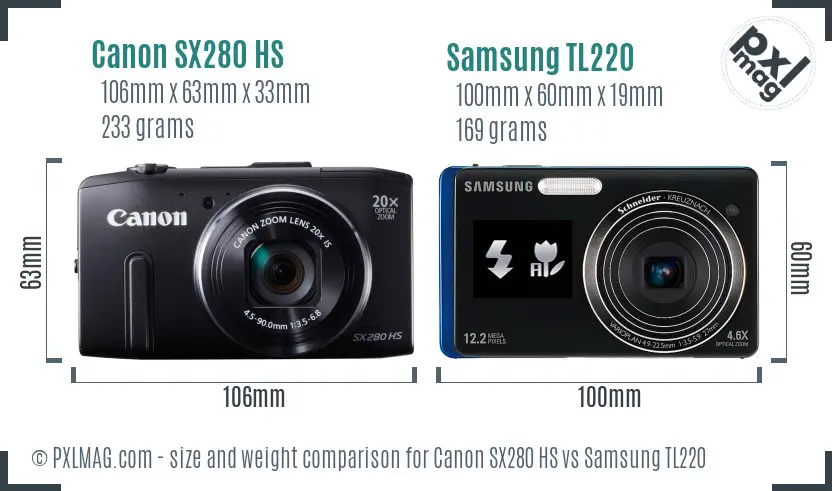 Canon SX280 HS vs Samsung TL220 size comparison