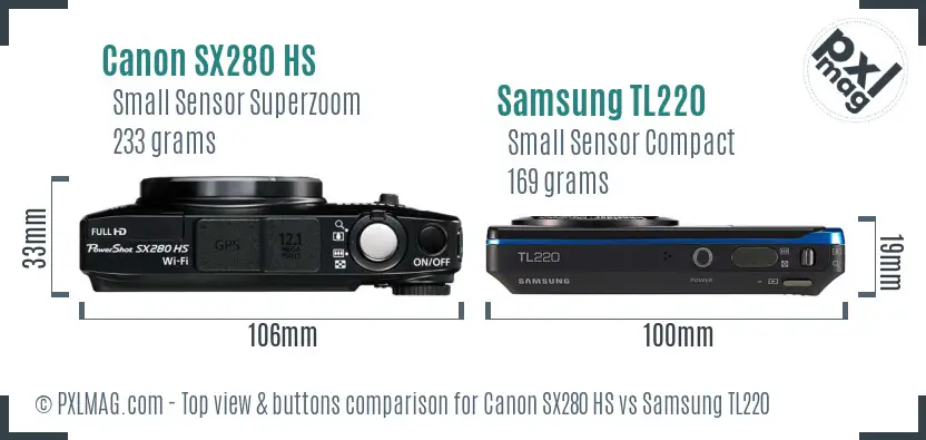 Canon SX280 HS vs Samsung TL220 top view buttons comparison