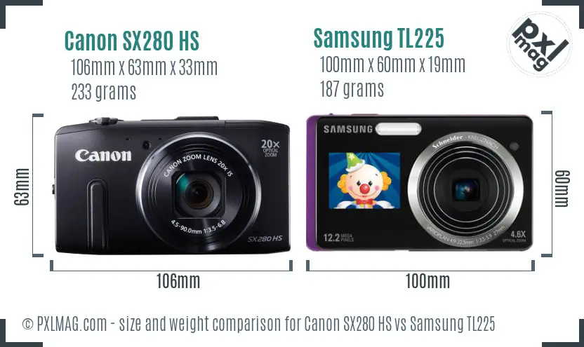 Canon SX280 HS vs Samsung TL225 size comparison