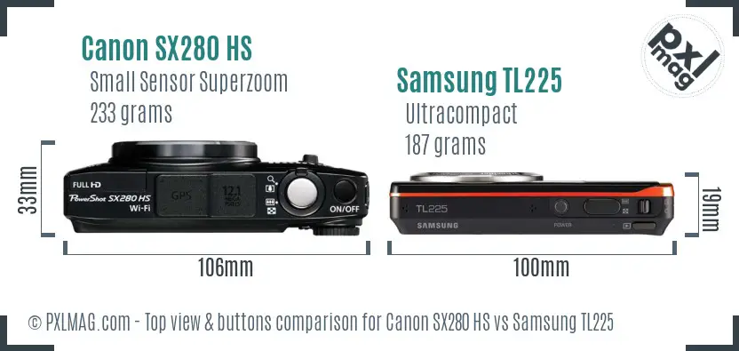 Canon SX280 HS vs Samsung TL225 top view buttons comparison