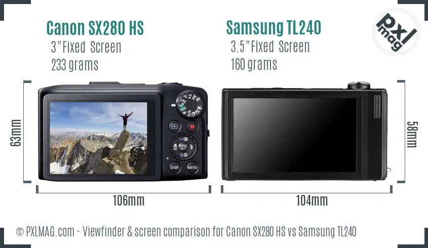 Canon SX280 HS vs Samsung TL240 Screen and Viewfinder comparison