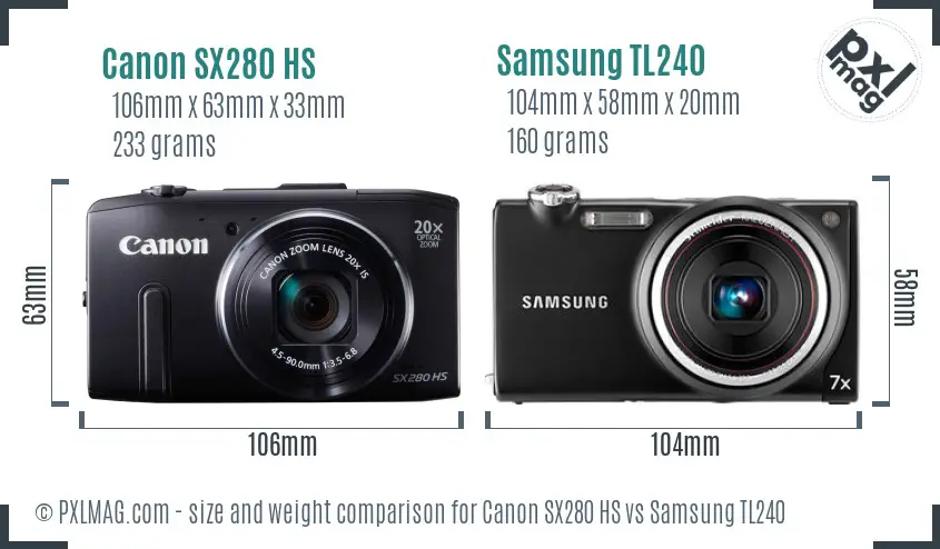 Canon SX280 HS vs Samsung TL240 size comparison