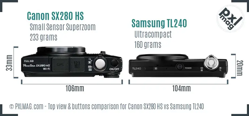 Canon SX280 HS vs Samsung TL240 top view buttons comparison