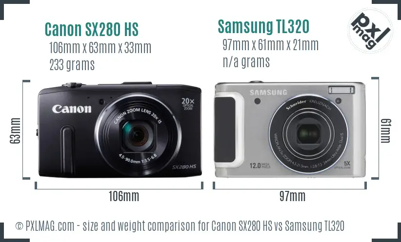 Canon SX280 HS vs Samsung TL320 size comparison